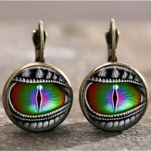 Rainbow Dragon Eye Bronze Glass Cabochon Earrings